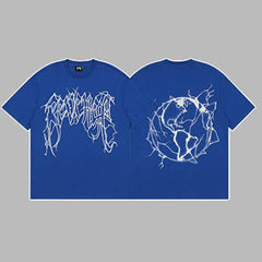 Revenge Arch Logo & Lightning Earth Graphic Short Sleeve T-Shirt Blue