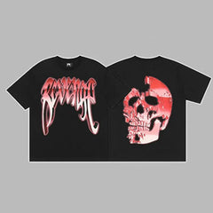 Revenge Red & Silver Gradient Arch Logo & Broken Skull Graphic Short Sleeve T-Shirt Black