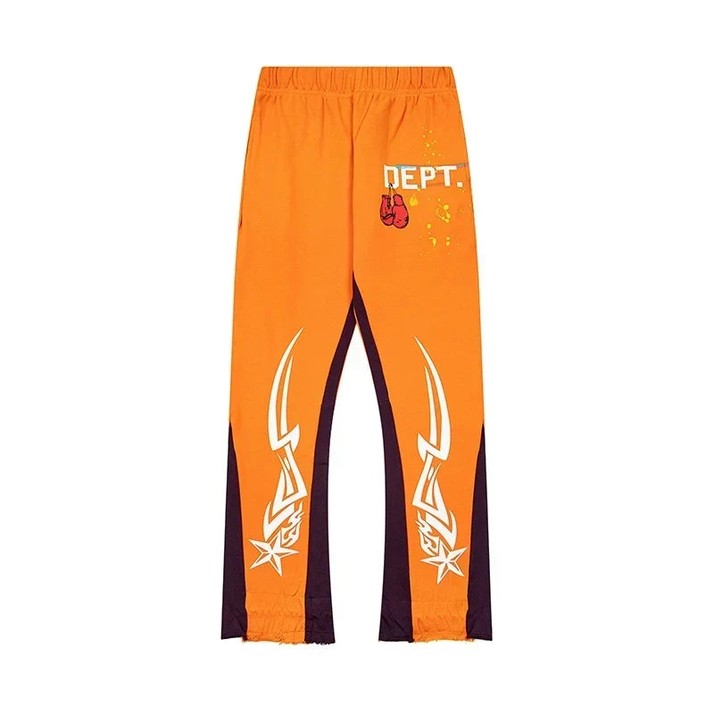 Gallery Dept. "DEPT." Tribal Star Graphic Contrast Panel Sweatpants - Orange & Dark Purple