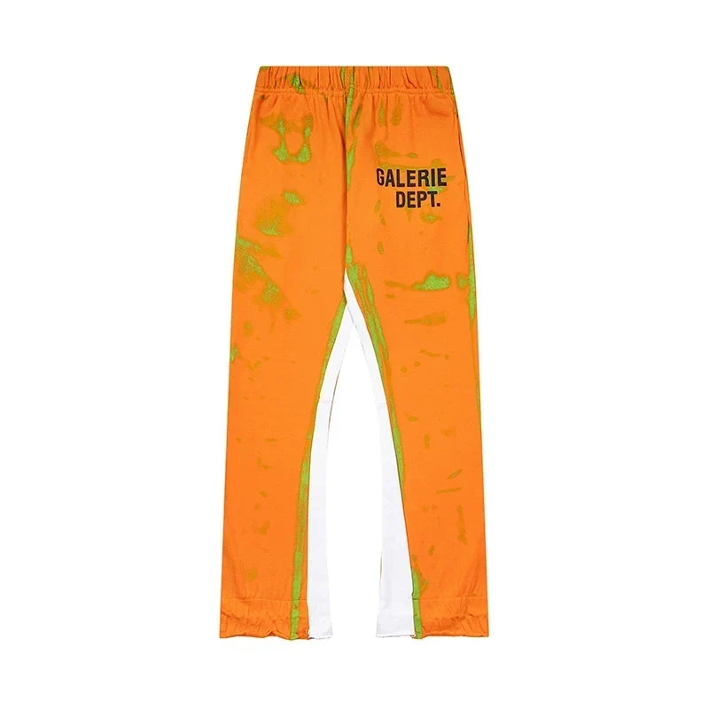 Gallery Dept. "GALERIE DEPT." Lime Green Tie-Dye Wash Contrast Panel Sweatpants - Orange