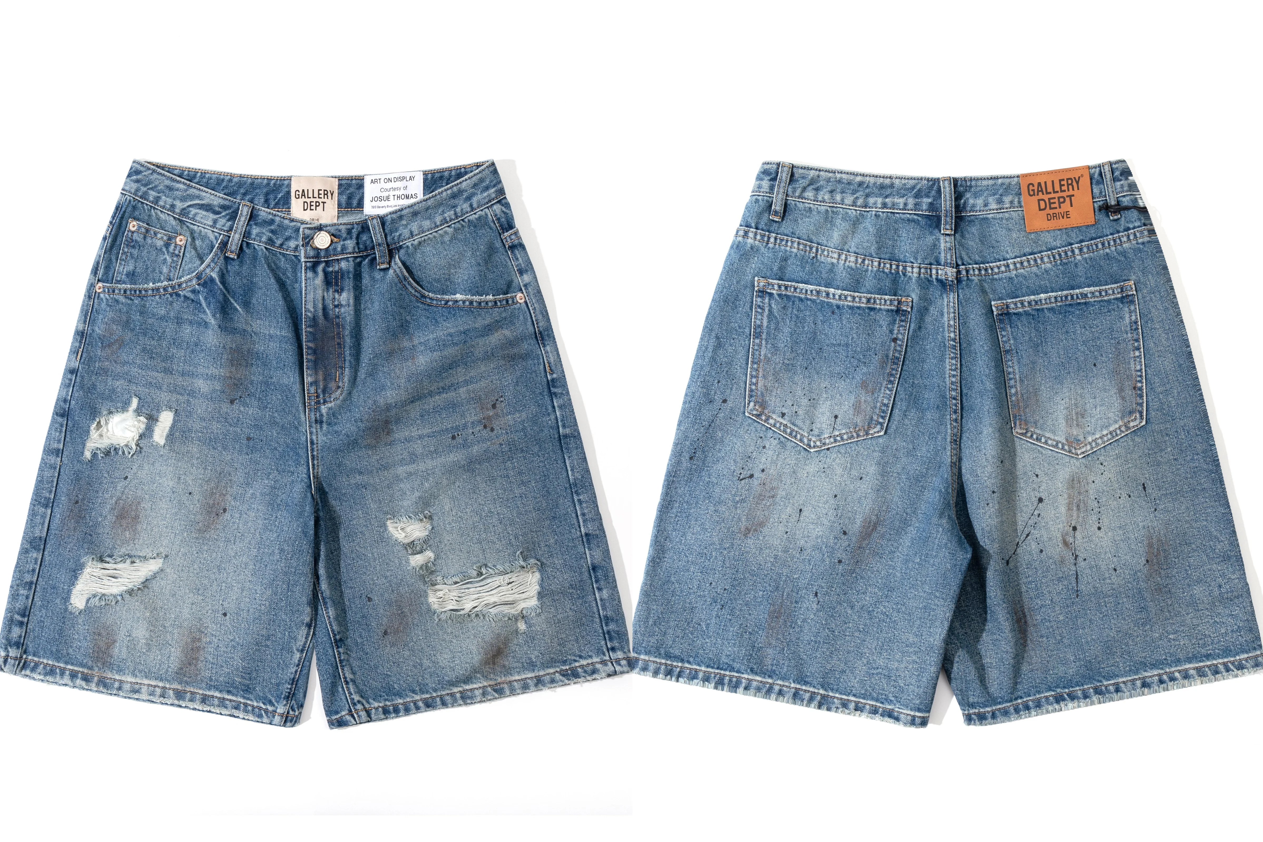 Gallery Dept. Distressed Paint Splatter Denim Shorts - Medium Blue