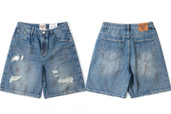 Gallery Dept. Distressed Paint Splatter Denim Shorts - Medium Blue