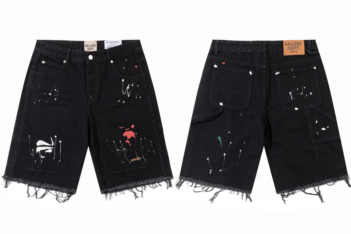 Gallery Dept. Raw-Edge Distressed Paint Splatter Denim Shorts - Black