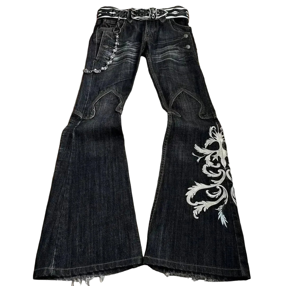 Cross border new men's clothing heavy industry embroidered jeans punk flared pants y2k washed pants dark pants