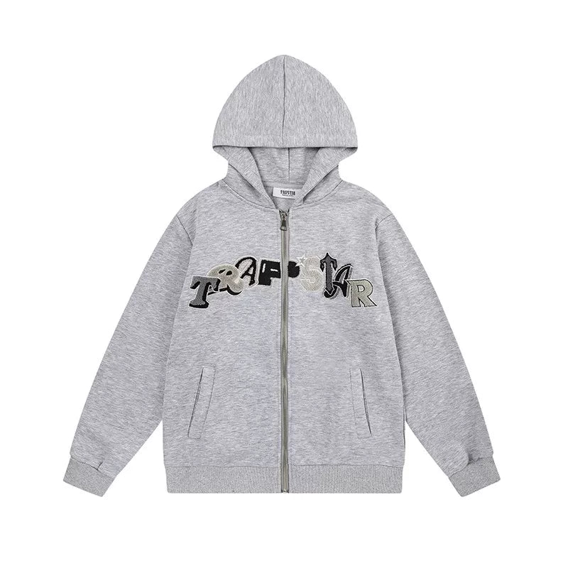 Trapstar Style Autumn/Winter Camo Patchwork Full-Zip Hoodie - Heather Grey