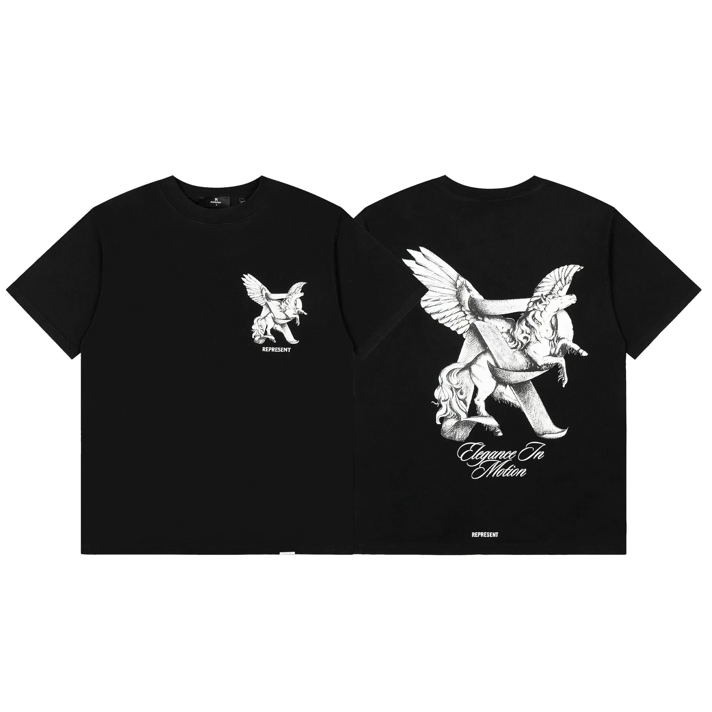 Represent "Elegance In Motion" Winged Unicorn Graphic T-Shirt - Black