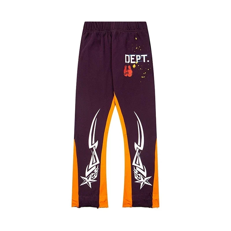 Gallery Dept. "DEPT." Tribal Star Graphic Contrast Panel Sweatpants - Deep Purple & Orange