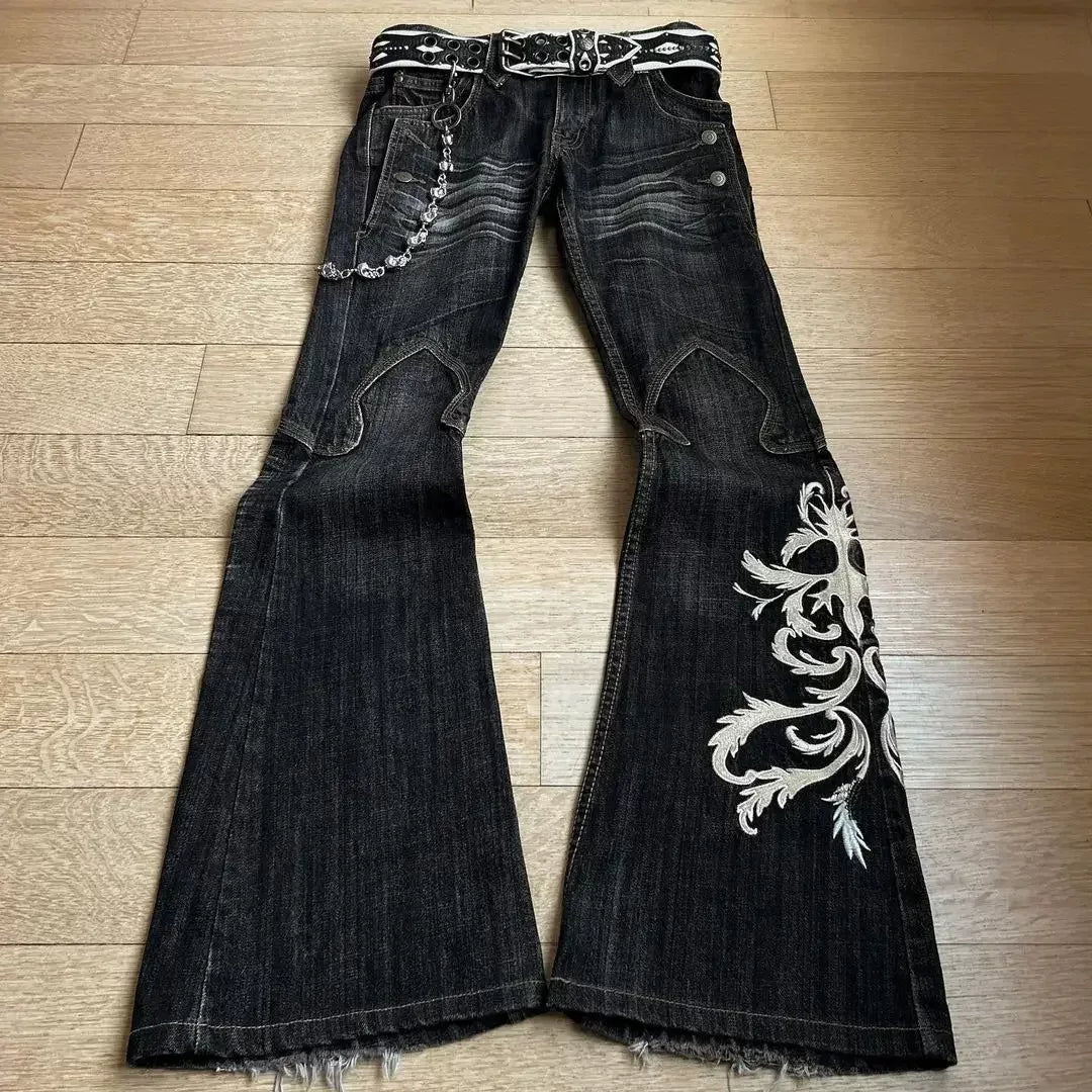Heavyweight embroidered denim pants, punk flared pants, y2k style